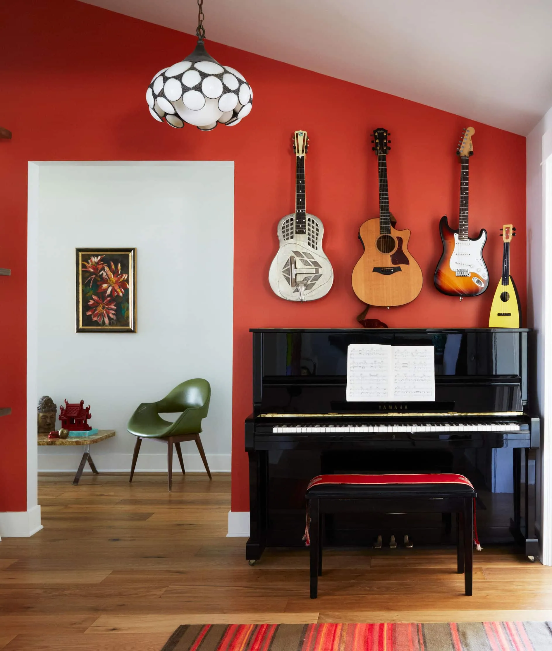 A living room with a wood floor