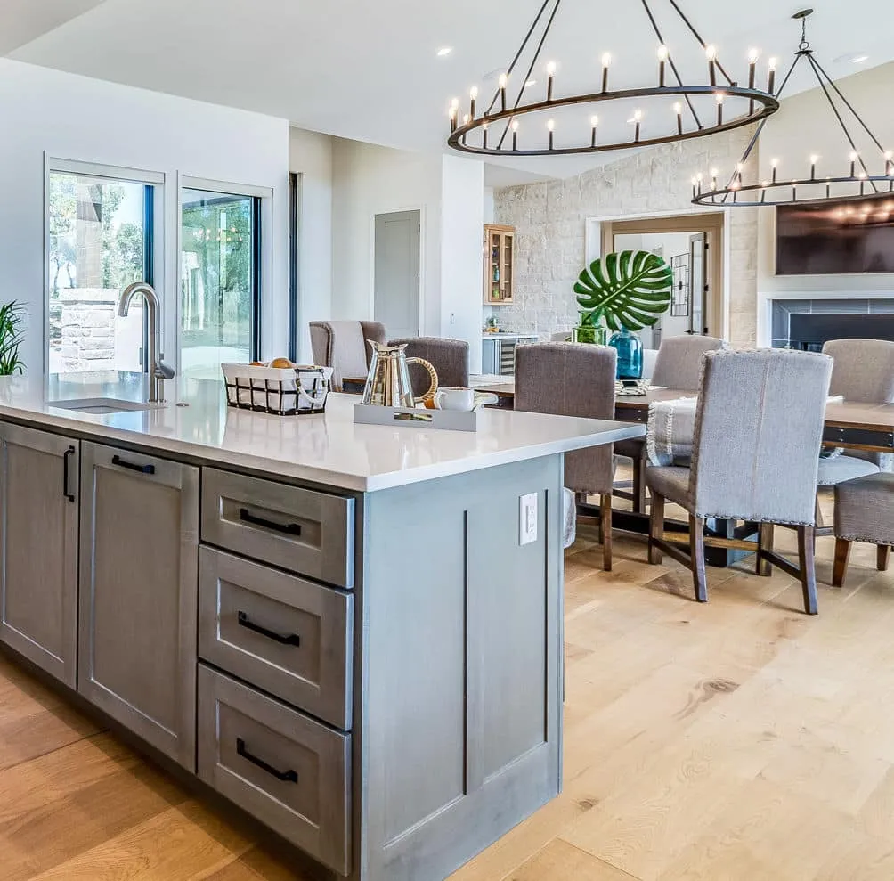 A kitchen with a large window