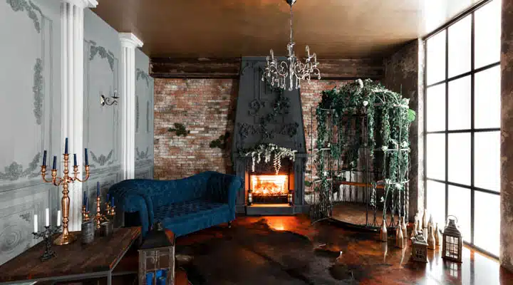 A living room filled with furniture and a fire place