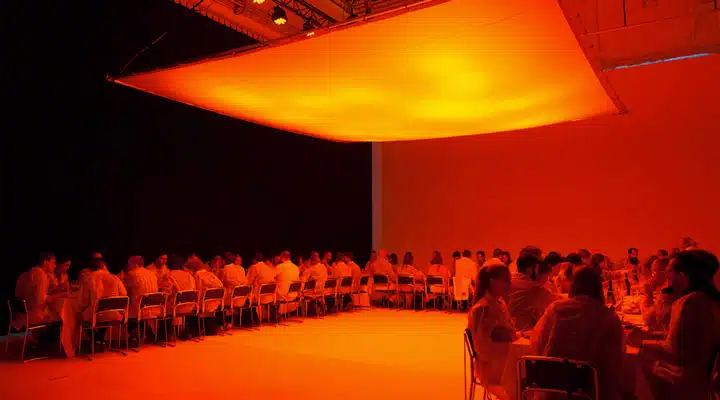 A man standing in front of a crowd of people in a dark room