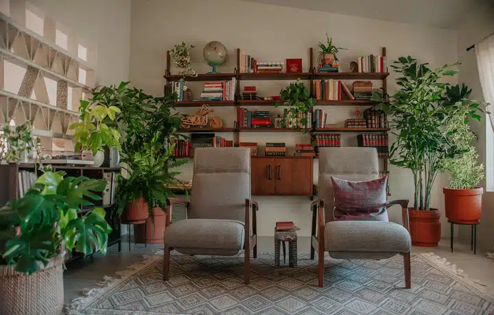 A living room filled with furniture and a fire place