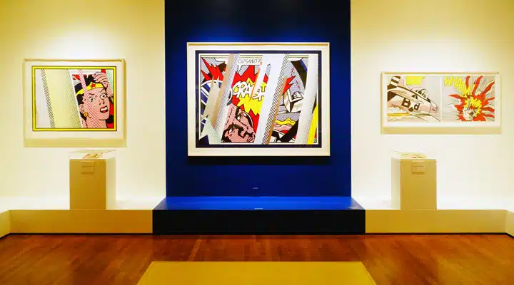 A room with art on the wall