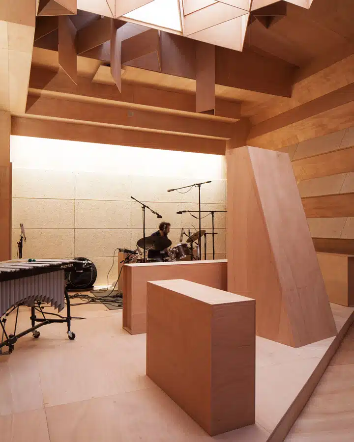 A room with a wooden table