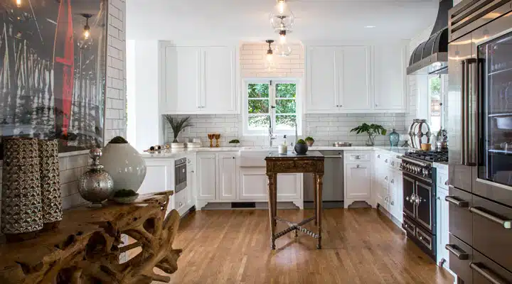 A kitchen with a wood floor