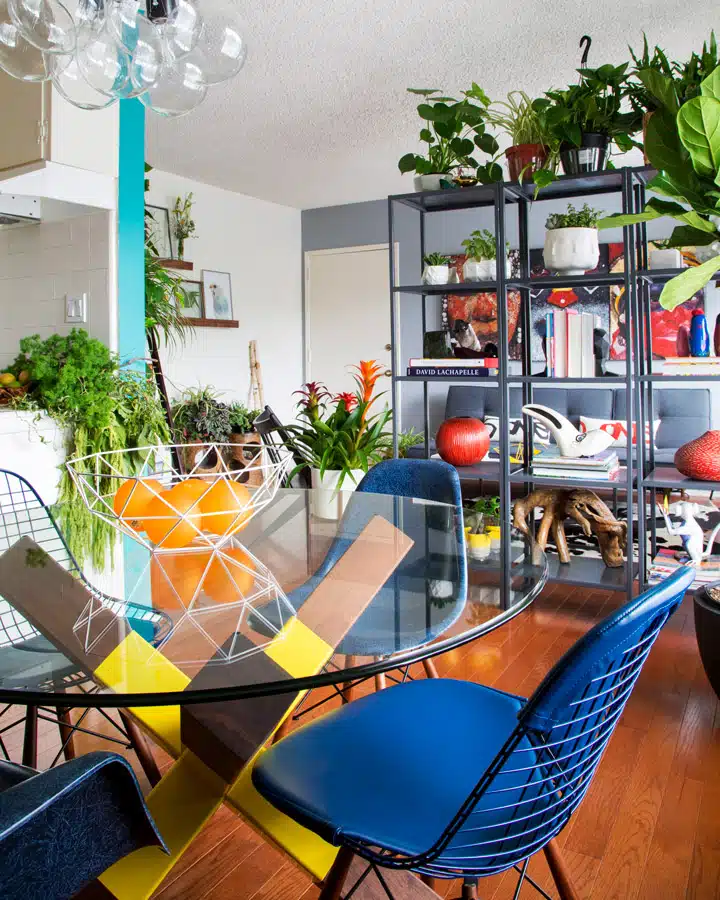 A table topped with a blue umbrella