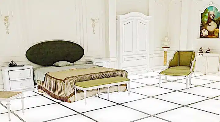 A bedroom with a bed and a chair in a room