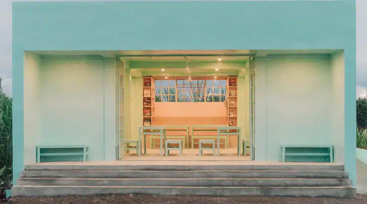 A building next to a window