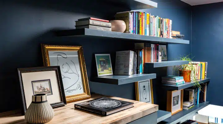 A desktop computer sitting on top of a book shelf