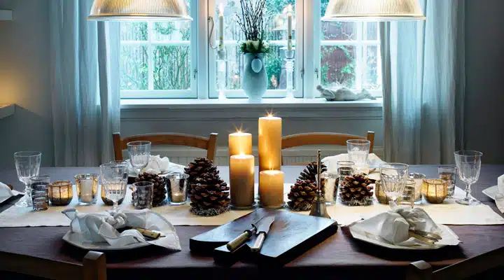 A dining table with a plate of food