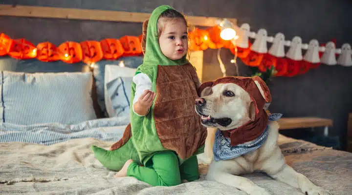 A little boy sitting next to a dog