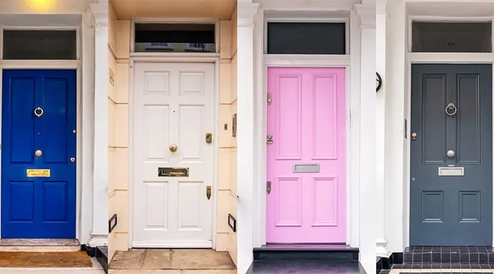 A purple door with a window