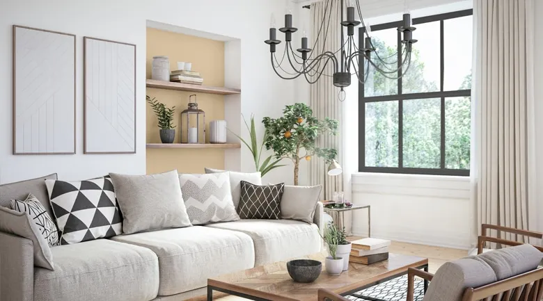 A living room filled with furniture and a large window