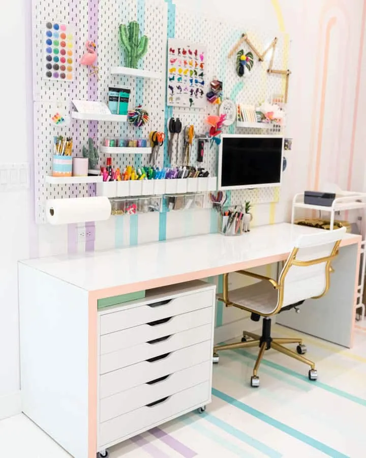 A desk with a computer on a table