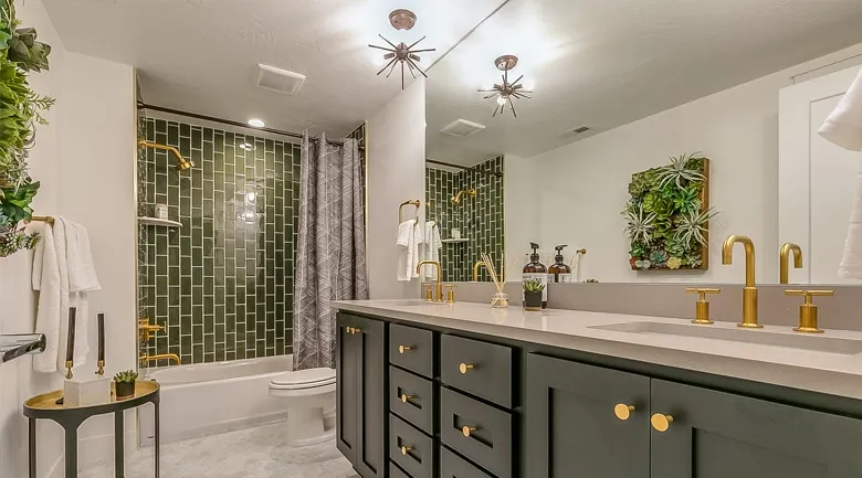 A kitchen with a sink and a mirror