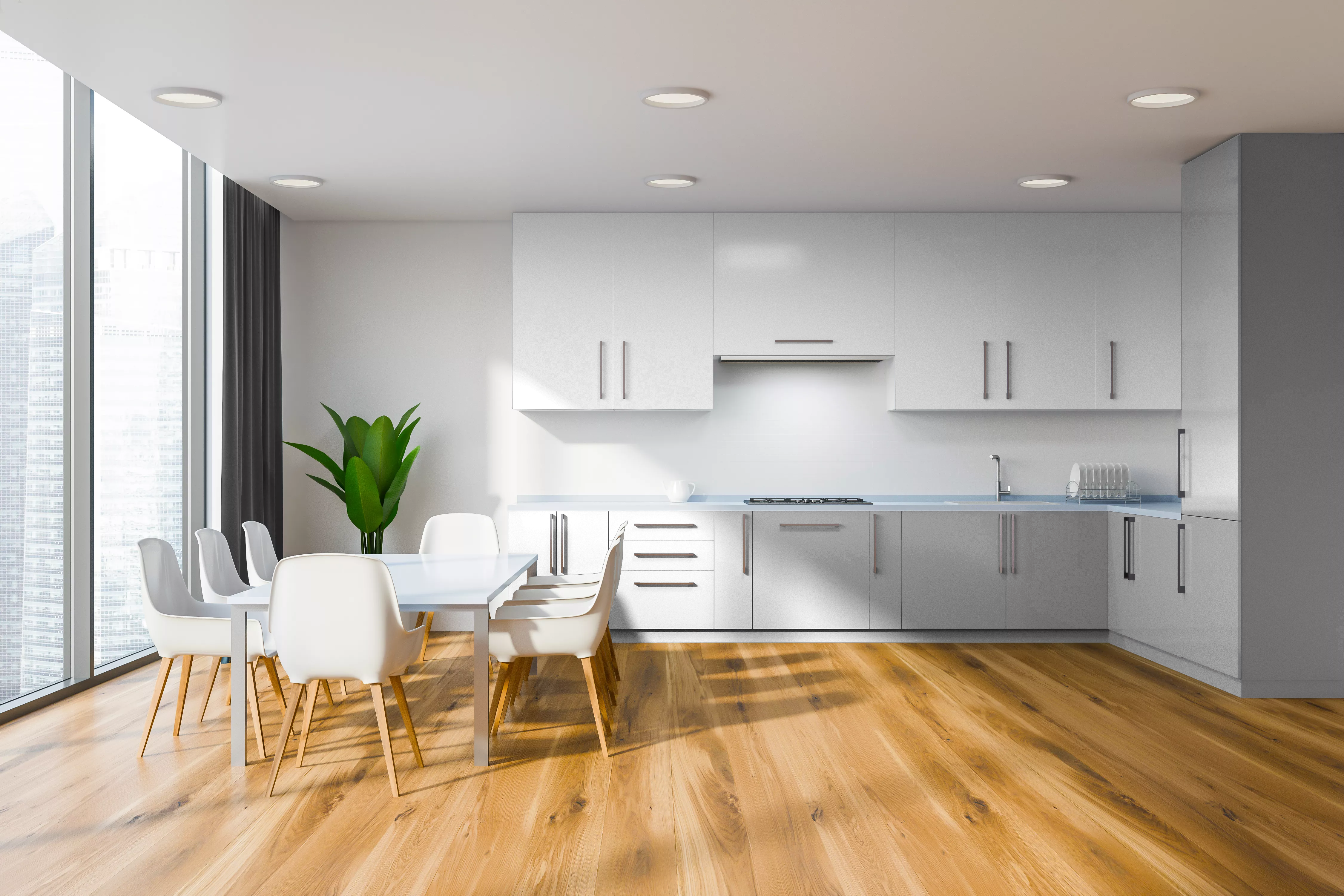 A modern living room with a wood floor