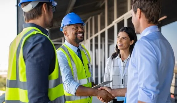 Sonriente ingeniero dándose la mano en la obra con el arquitecto feliz. Apretón de manos entre un alegre jefe de obra africano y un hombre de negocios en una obra. Equipo de trabajadores con arquitectos y contratista concluyen un acuerdo con uniforme de seguridad.