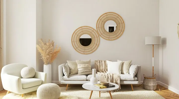 A living room filled with furniture and a mirror