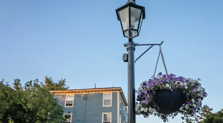 A lamp post in front of a building