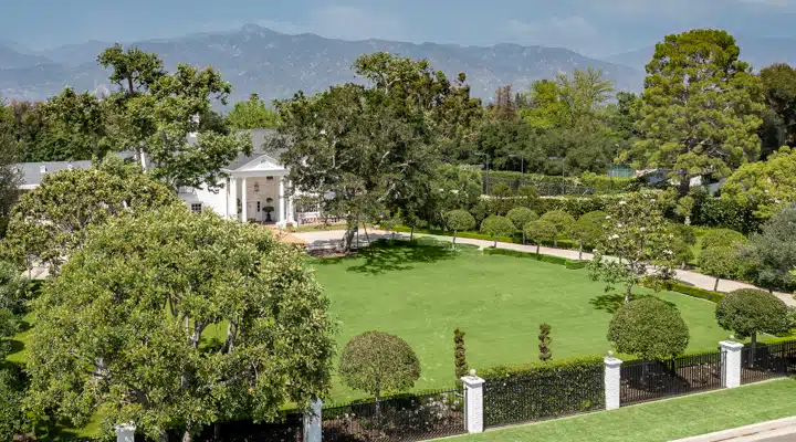 A garden with water in the background