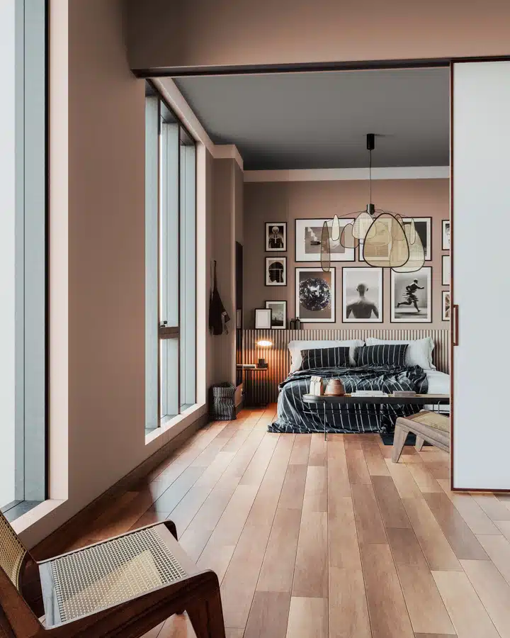 A view of a living room with a wooden floor