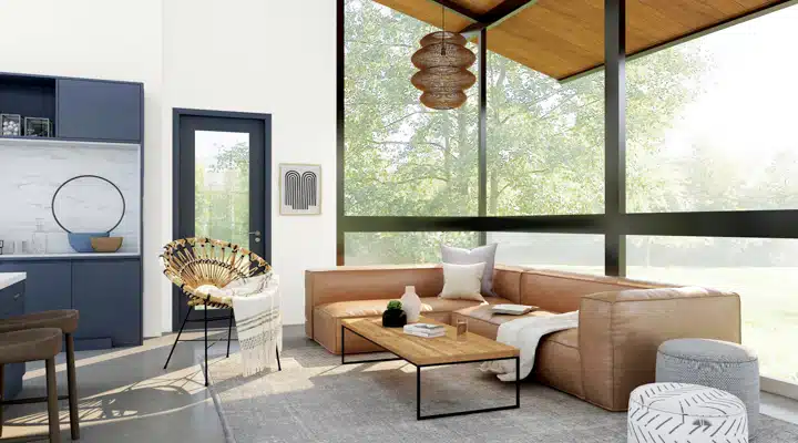 A living room filled with furniture and a large window