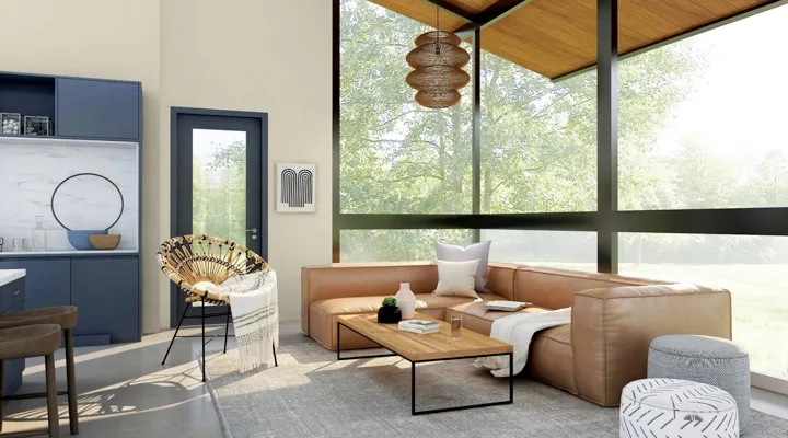 A living room filled with furniture and a large window