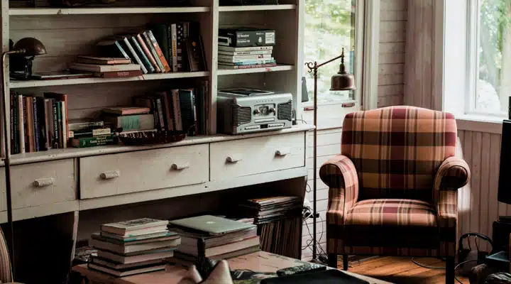 A living room filled with furniture and a book shelf