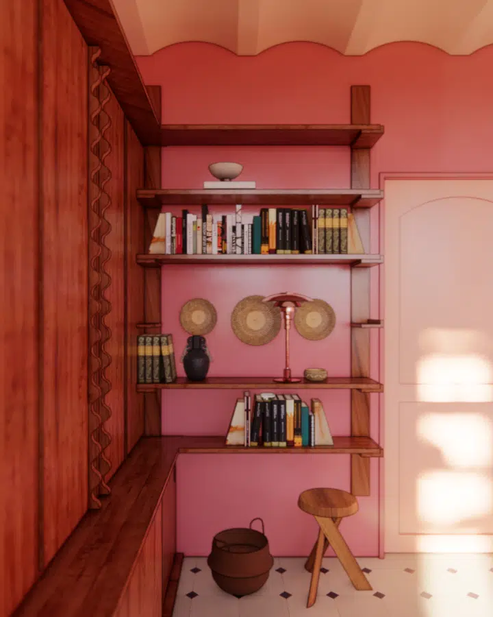 A room with a book shelf