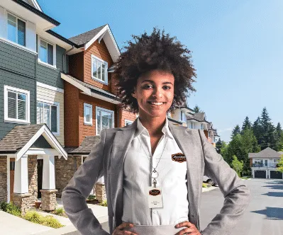 A woman standing in front of a building