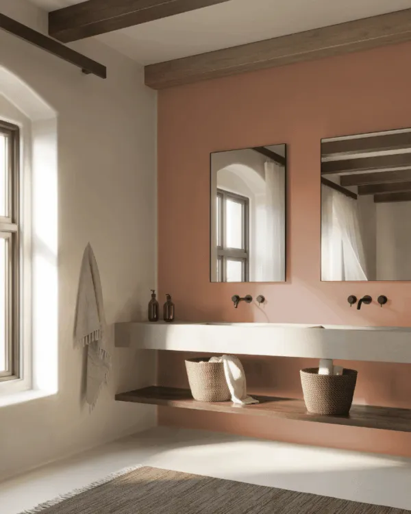 A bedroom with a large mirror