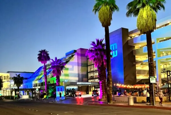 A group of people walking down a street next to a palm tree - Modernism Week