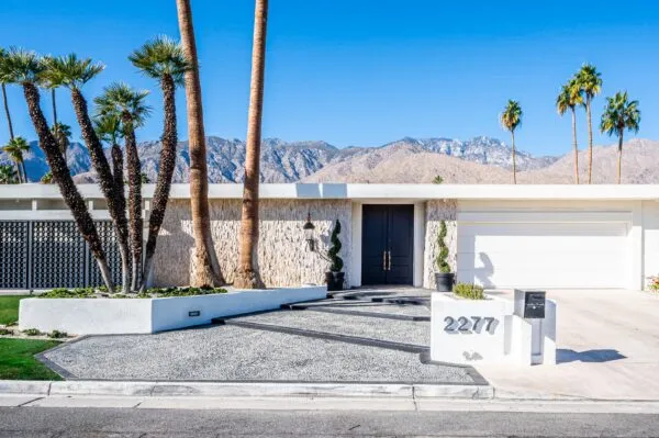 A palm tree in front of a building