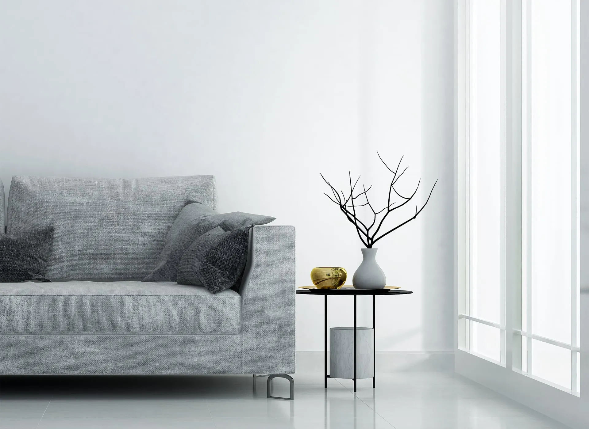 A living room filled with furniture and vase of flowers