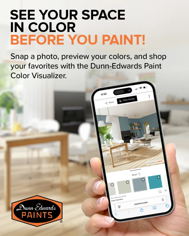 No more guesswork. The new Dunn-Edwards Paint Color Visualizer tool makes it easier than ever to see your space in color before you paint.

Our new tool was designed for ease of use and delivers fast, realistic renderings in seconds. Instantly compare before and after room scenes and experiment with different colors, all in just a few clicks. Just upload your own photo or select one from the library, and let the Dunn-Edwards Paint Color Visualizer do the rest. 

Try it now and bring your vision to life!

ES:
No más conjeturas. La nueva herramienta, el Visualizador de colores de pintura Dunn-Edwards, facilita más que nunca ver su espacio en color antes de pintar.

Nuestra nueva herramienta fue diseñada para ser fácil de usar y ofrece representaciones por computadora rápidas y realistas en segundos. Compare instantáneamente las escenas de la habitación antes y después y experimente con diferentes colores, todo en solo unos pocos clics. Solo suba su propia foto o seleccione una de la biblioteca, y deje que el Visualizador de colores de pintura de Dunn-Edwards haga el resto. 

¡Pruébelo ahora y dele vida a su visión!