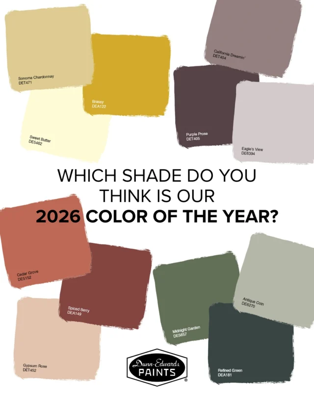 The countdown is on: our 2026 Color of the Year reveal is almost here! 📢 To select the perfect shade that embodies the coming year, our Color Experts considered a spectrum of shades like buttery yellows, lush greens and velvety purples. Each tells its own story of possibility, but which do you think we chose? Drop your guess below and mark your calendar for 10.09.25—the big reveal is coming soon!

Be the first in the know! 🔗 Follow us + sign up for our newsletter to get the 2026 Color of the Year as soon as it drops (link in bio).

#DunnEdwards #ColorOfTheYear #DesignInspiration #PaintColors #DECOTY2026