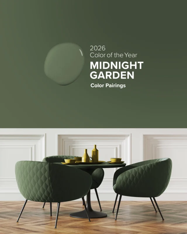 Say hello to three timeless color pairings for Midnight Garden (DE5657), the Dunn-Edwards 2026 Color of the Year! 🌿 This deep, muted green with earthy undertones is stunning on its own, but it’s true versatility shines when paired with other paint shades—think creamy whites like our iconic Swiss Coffee (DEW341), deep brown tones like Three Bears (DEBN34) and Gypsum Rose (DET452) from our 2026 Color Trends palette.

From neutral backdrops with green accents to bold statements in the kitchen, bedroom or exteriors, these sophisticated pairings show just how effortlessly Midnight Garden (DE5657) works everywhere!

🔗 Step into the tranquility of Midnight Garden on DunnEdwards.com or tap the link in our bio.

#DunnEdwards #ColorOfTheYear #DesignInspiration #PaintColors #DECOTY2026

ES:
¡Conozca tres combinaciones de colores atemporales para Midnight Garden (DE5657), el color del año 2026 de Dunn-Edwards! 🌿 Este verde profundo y apagado con matices terrosos es impresionante por sí solo, pero su verdadera versatilidad brilla cuando se combina con otros tonos de pintura, como los blancos cremosos como nuestro icónico Swiss Coffee (DEW341), tonos marrones intensos como Three Bears (DEBN34) y Gypsum Rose (DET452) de nuestra paleta de tendencias de color de 2026. 
 
Desde fondos neutros con acentos verdes hasta declaraciones audaces en la cocina, el dormitorio o los exteriores, estas combinaciones sofisticadas demuestran lo fácilmente que Midnight Garden (DE5657) funciona en todas partes. 

🔗 Pase a sentir la tranquilidad de Midnight Garden en DunnEdwards.com o toque el enlace en nuestra biografía.