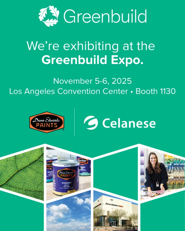 We’re exhibiting at the Greenbuild Expo on November 5 and 6 in Los Angeles! ♻️

Stop by Booth 1130 to see how Dunn-Edwards and Celanese are collaborating to implement Carbon Capture and Utilization (CCU) technology to make more eco-efficient paints.
Discover how paint innovations are shaping a more sustainable built environment! Don’t miss Molly Burns (Dunn-Edwards) and Kevin Norfleet (Celanese) presenting at the following times:

🗓️: Wednesday, November 5th & Thursday, November 6th
🕰️: 10:25-10:45 AM
📍: Innovation Stage

Use code INGOEXH for a Free Expo Hall Pass. Link in bio! 🔗