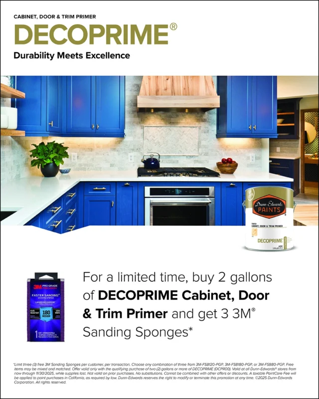 Just dropped: an exclusive offer for pros. 🔥

Now through November 30, get 3 FREE 3M Sanding Sponges* when you buy 2 gallons of DECOPRIME Cabinet, Door & Trim Primer.

ES:
Acaba de salir: una oferta exclusiva para profesionales. 🔥

Ahora hasta el 30 de noviembre, obtenga 3 esponjas de lijado 3M GRATIS* cuando compre 2 galones de imprimador para gabinetes, puertas y molduras DECOPRIME.