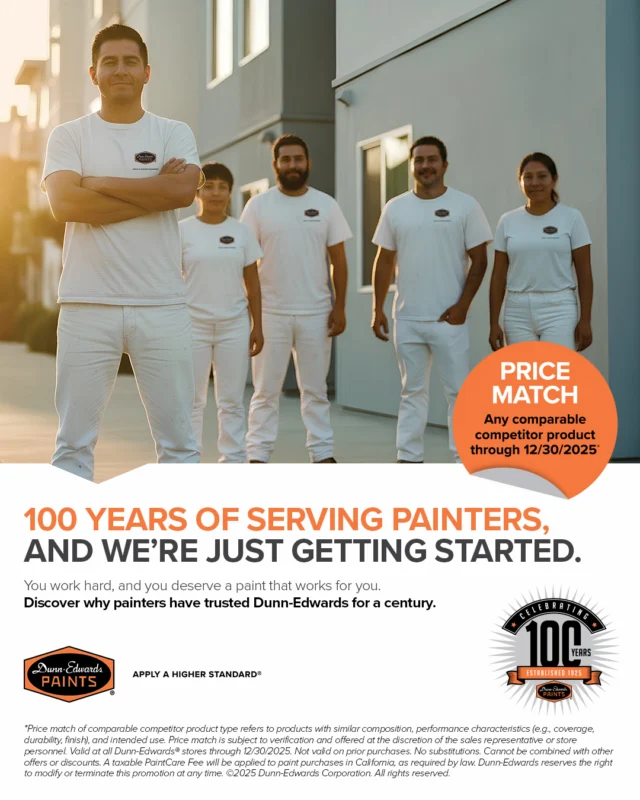 You work hard, and you deserve a paint that works for you.

Now through December 30, 2025, we’ll price match any comparable competitor product*.

ES:
Usted trabaja con dedicación, y merece una pintura que esté a la altura.

Ahora hasta el 30 de diciembre de 2025, igualamos el precio de cualquier producto comparable de la competencia*.