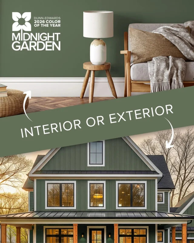 Midnight Garden (DE5657): Interior or Exterior—what's your favorite? 🌿 As the new neutral, our 2026 Color of the Year is the perfect verdant hue for grounding spaces and bringing nature indoors. This deep, muted green works everywhere, from cozy living rooms to stunning home exteriors.

Swipe through to see how this versatile shade transforms both inside and out, then tell us: are you Team Interior or Team Exterior? Leave a comment letting us know!

🔗 Step into the tranquility of Midnight Garden on DunnEdwards.com or tap the link in our bio.

#DunnEdwards #ColorOfTheYear #DesignInspiration #PaintColors #DECOTY2026
